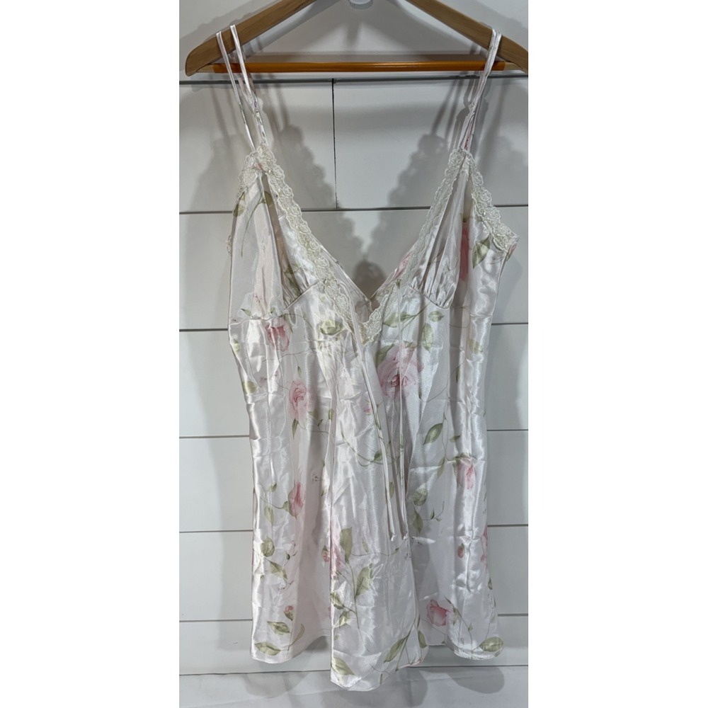 Vintage Dentelle Satin White Floral Nightgown Dress Size XL Lingerie Lace Accent